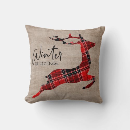Winter Blessings _  Red and Black Plaid Reindeer Throw Pillow