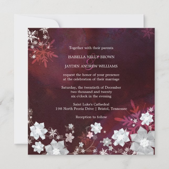 Winter Blings Merlot & White Wedding Invitation (Front)