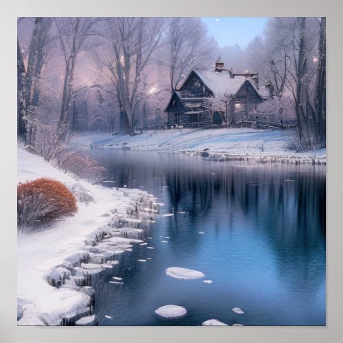 Winter Bliss House Nestled by the Flowing River Poster