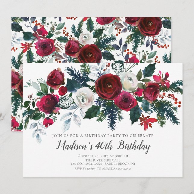 Winter Bloom Floral Birthday Party Invitation (Front/Back)