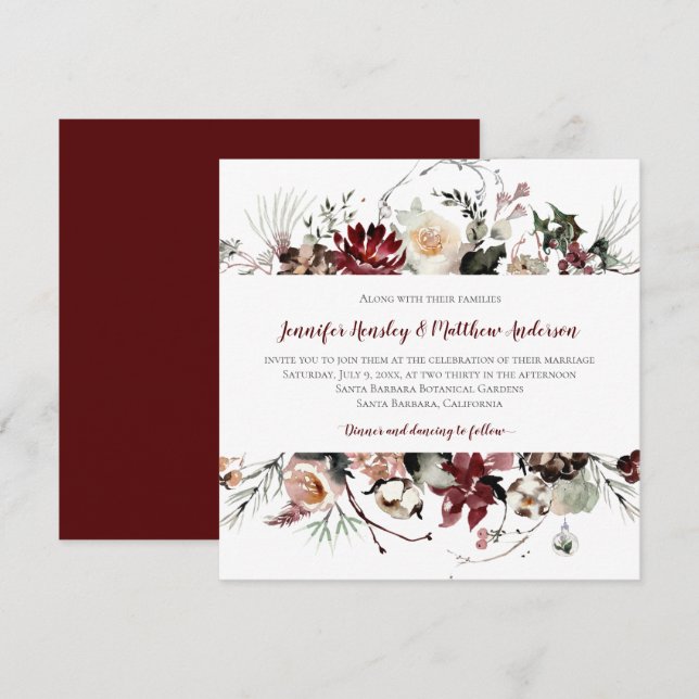 Winter Blooms - Burgundy Text Wedding | Invitation (Front/Back)