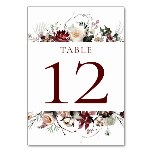 Winter Blooms _ Deep Burgundy _ Wedding  Table Number