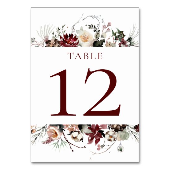 Winter Blooms - Deep Burgundy - Wedding | Table Number