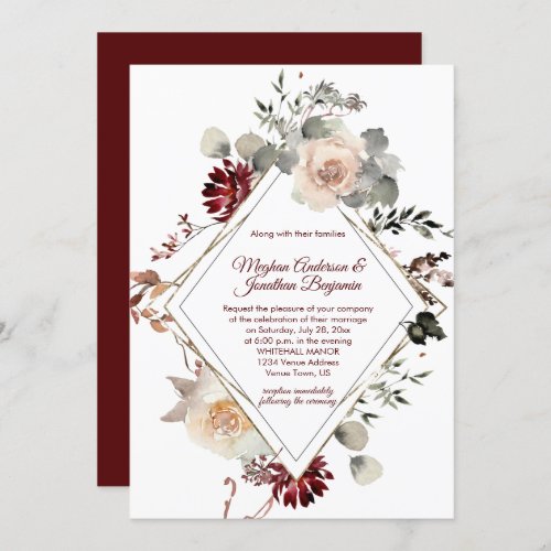 Winter Blooms Diamond Shape _ Burgundy Wedding Invitation