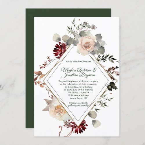 Winter Blooms Diamond Shape _ Forest Green Wedding Invitation
