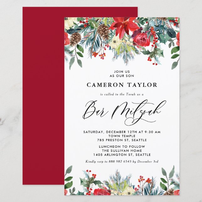 Winter Blooms Floral Bar Mitzvah Invitation (Front/Back)