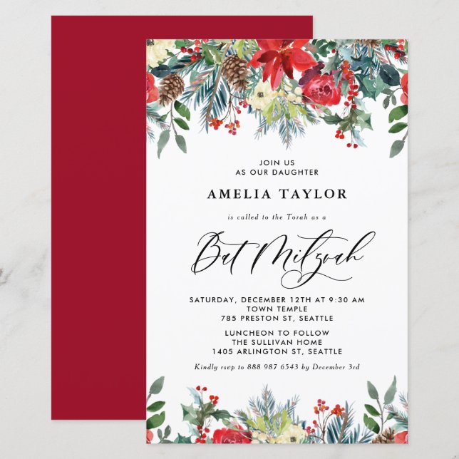 Winter Blooms Floral Bat Mitzvah Invitation (Front/Back)