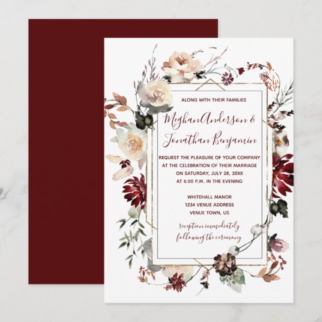 Winter Blooms Gold Frame - Burgundy - Wedding | Invitation (Front/Back)