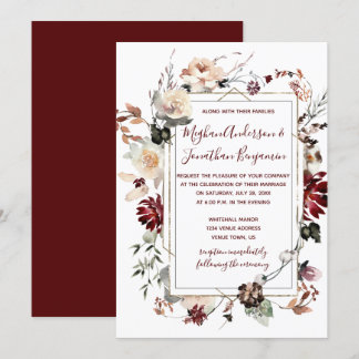 Winter Blooms Gold Frame - Burgundy - Wedding | Invitation