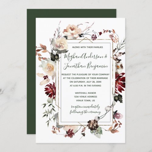 Winter Blooms Gold Frame _ Forest Green_ Wedding  Invitation