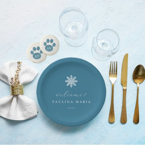 Winter Blue 15th Birthday Quinceaera Snowflake Paper Plates