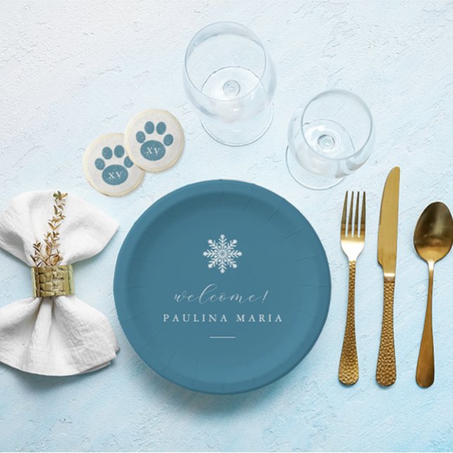 Winter Blue 15th Birthday Quinceañera Snowflake Paper Plates (Beautiful blue personalized quinceanera celebration plate with winter white snowflake.)