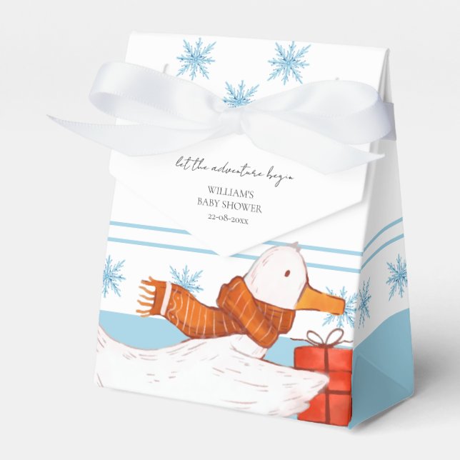 Winter Blue Adventure Begins Baby Shower Favor Boxes (Front Side)