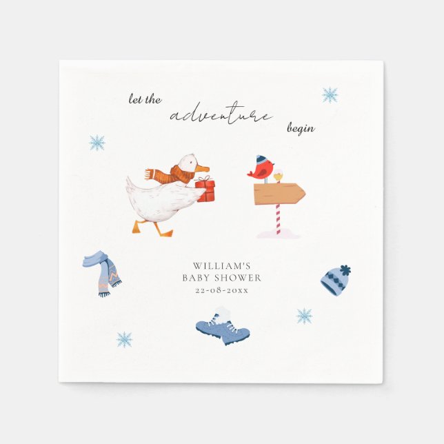 Winter Blue Adventure Begins Baby Shower Napkins (Front)