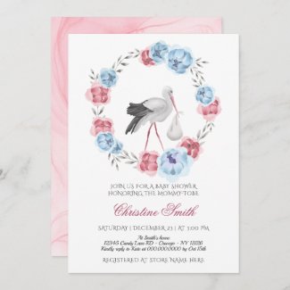 Winter Blue And Blush Pink Floral Baby Shower Invi