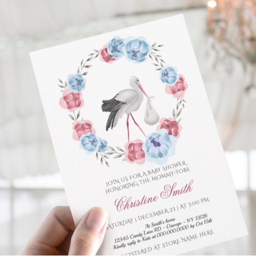 Winter Blue And Blush Pink Floral Baby Shower Invitation