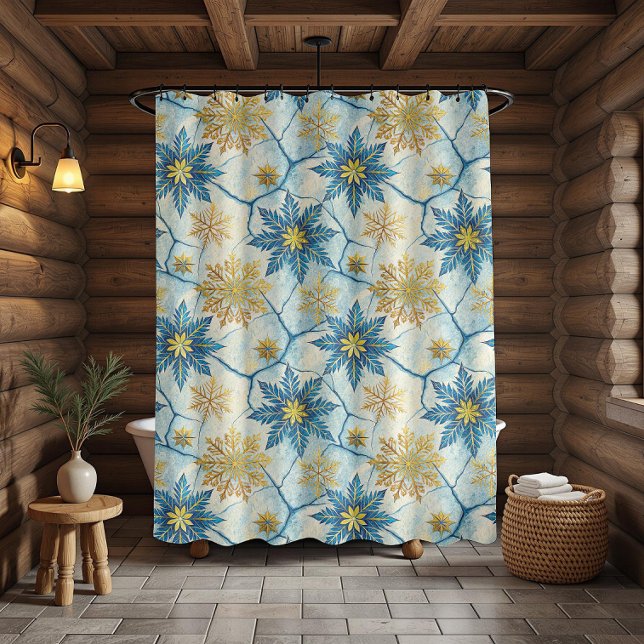 Winter Blue And Gold Frosted Snowflake Pattern Shower Curtain (Winter Blue And Gold Frosted Snowflake Pattern Shower Curtain)