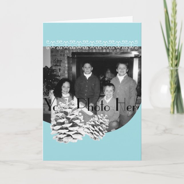 Winter Blue and Pinecones Photo Greeting Holiday Card (Front)