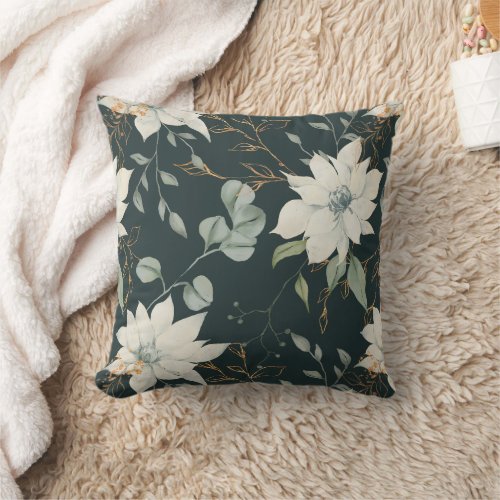 Winter Blue and White Floral with Gold Throw Pillow