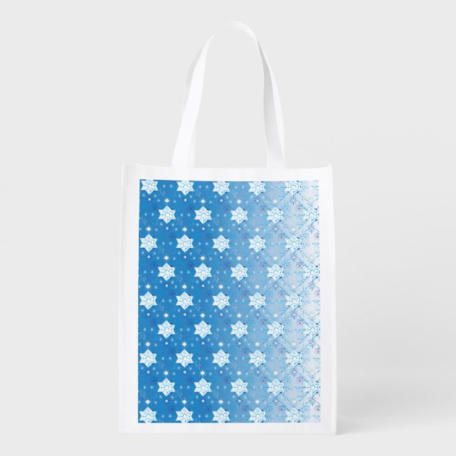 Winter blue and white Snowflakes pattern Reusable Grocery Bag (Back)
