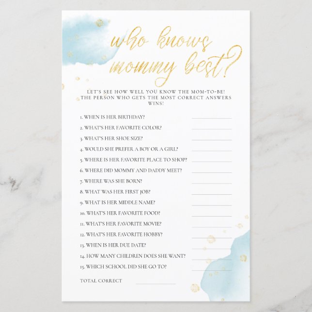Winter Blue Baby Shower Game Who Knows Mommy Best (Front)