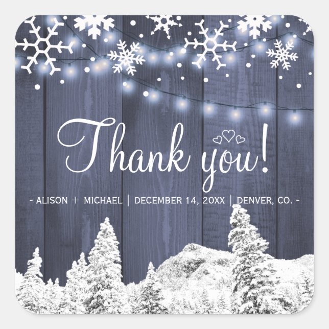 Winter blue barn wood string lights rustic wedding square sticker (Front)