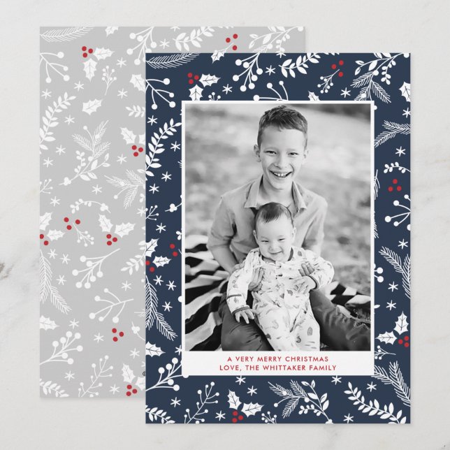 Winter Blue Berries Christmas Holiday Flat Card (Front/Back)