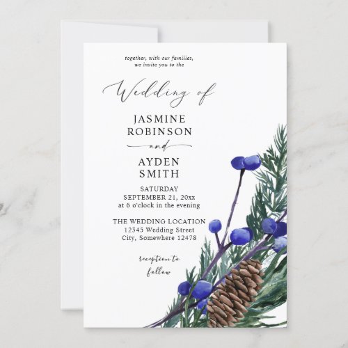 Winter Blue Berries  Pine Greenery Wedding Invitation