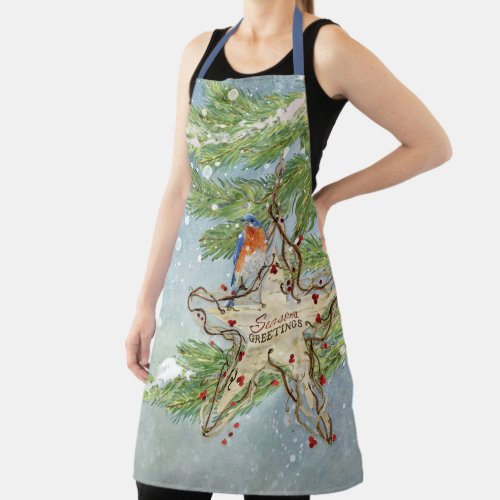 Winter Blue Bird Christmas Watercolor SnowTree Apron