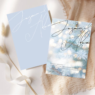 Winter Blue Bokeh Christmas Tree Wedding Invitation