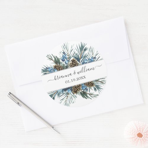 Winter Blue Botanical Foliage Wedding Favor Classic Round Sticker