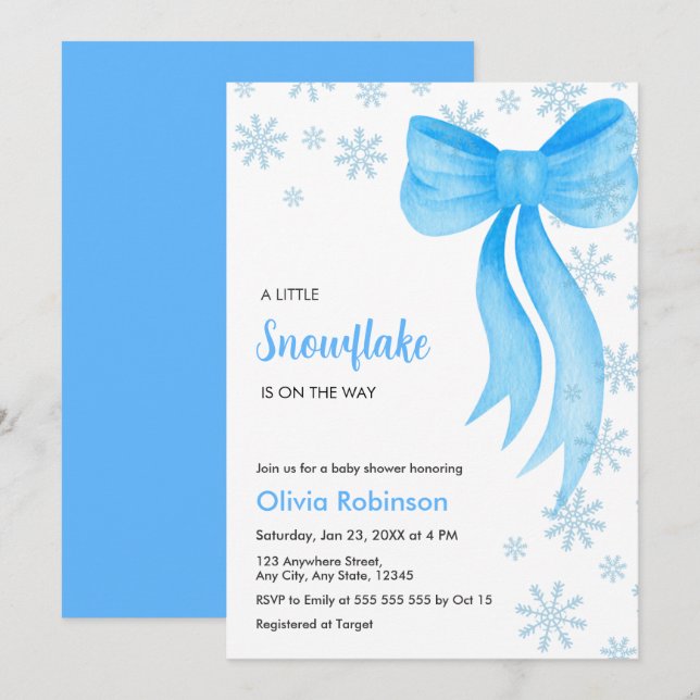 Winter Blue Bow A Little Snowflake Baby Shower Invitation (Front/Back)