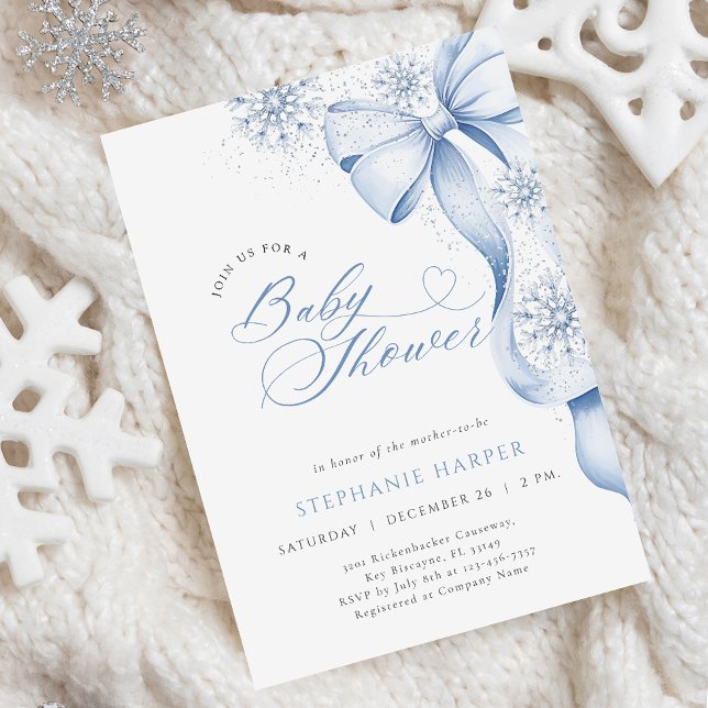 Winter Blue Bow Baby Shower Invitation (Creator Uploaded)