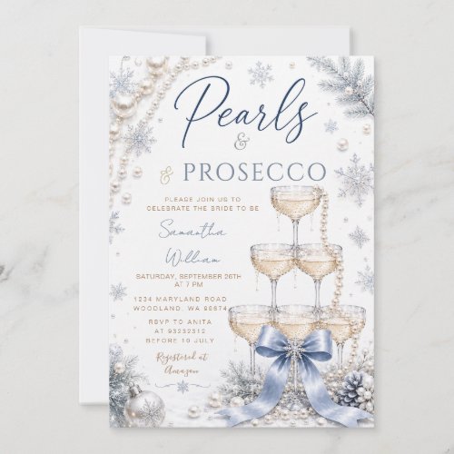 Winter Blue Bow Pearls & Prosecco Bridal Shower Invitation
