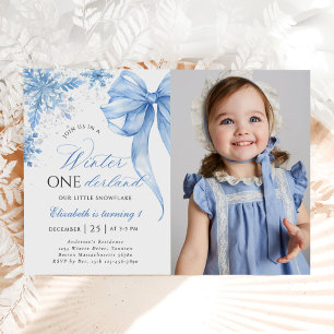 Winter Blue Bow Snowflake 1st Birthday Photo Invitation