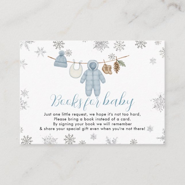 Winter Blue Boy Baby Shower Snow Books for Baby Enclosure Card (Front)