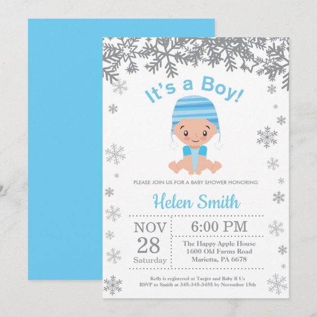 Winter Blue Boy Baby Shower Snowflake Invitation (Front/Back)