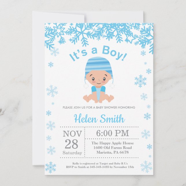 Winter Blue Boy Baby Shower Snowflake Invitation (Front)