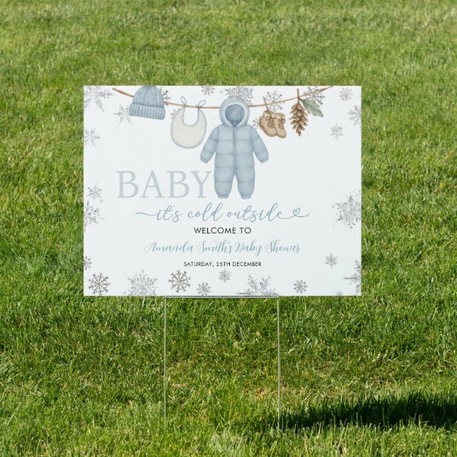 Winter Blue Boy Baby Shower Snowflake Welcome Sign (Insitu)
