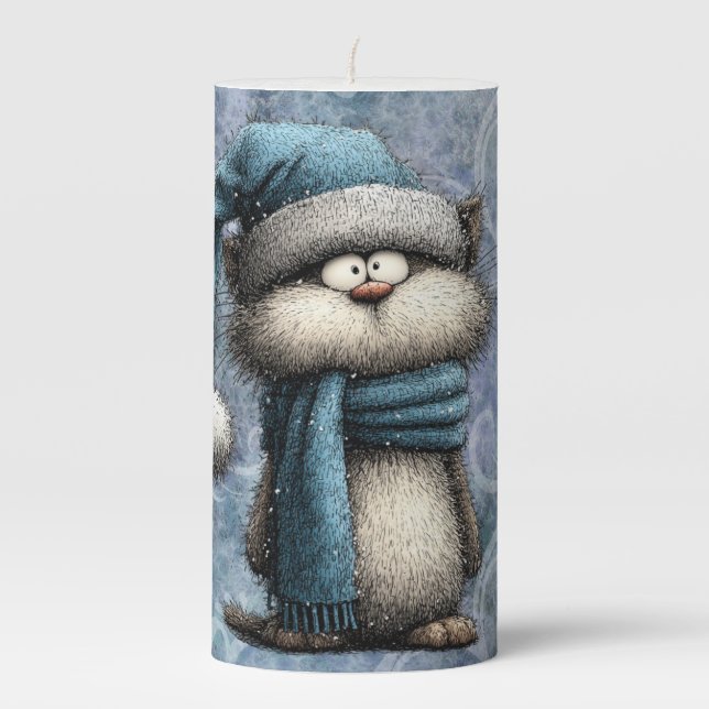Winter Blue Christmas Cat With Hat And Scarf Pillar Candle (Front)