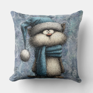 Winter Blue Christmas Cat With Hat And Scarf Throw Pillow