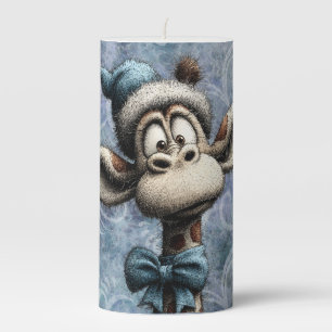 Winter Blue Christmas Cute Giraffe With Hat Pillar Candle