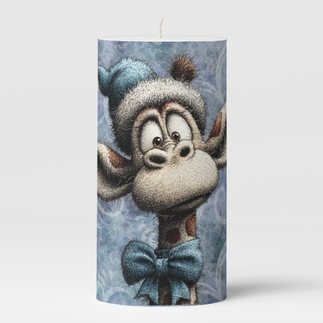 Winter Blue Christmas Cute Giraffe With Hat Pillar Candle (Front)