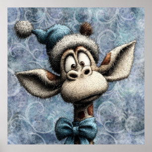 Winter Blue Christmas Cute Giraffe With Hat Poster