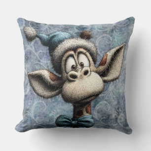 Winter Blue Christmas Cute Giraffe With Hat Throw Pillow