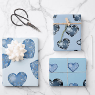 Winter blue color hearts with snowflakes wrapping paper sheets