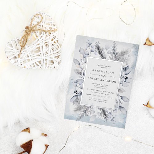 winter blue elegant floral wedding  foil invitation