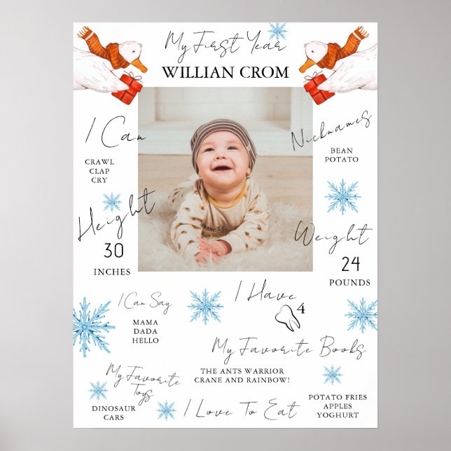 Winter Blue First Year First Birthday Milestone Poster (Front)