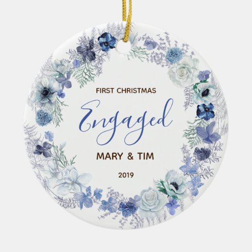Winter Blue Floral 1st Christmas Engaged Ceramic Ornament