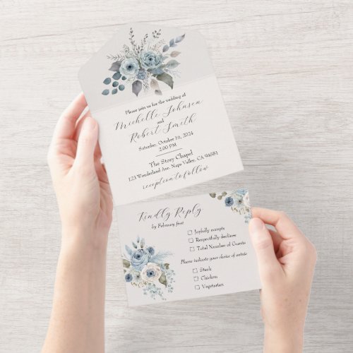 Winter Blue Floral  All In One Invitation